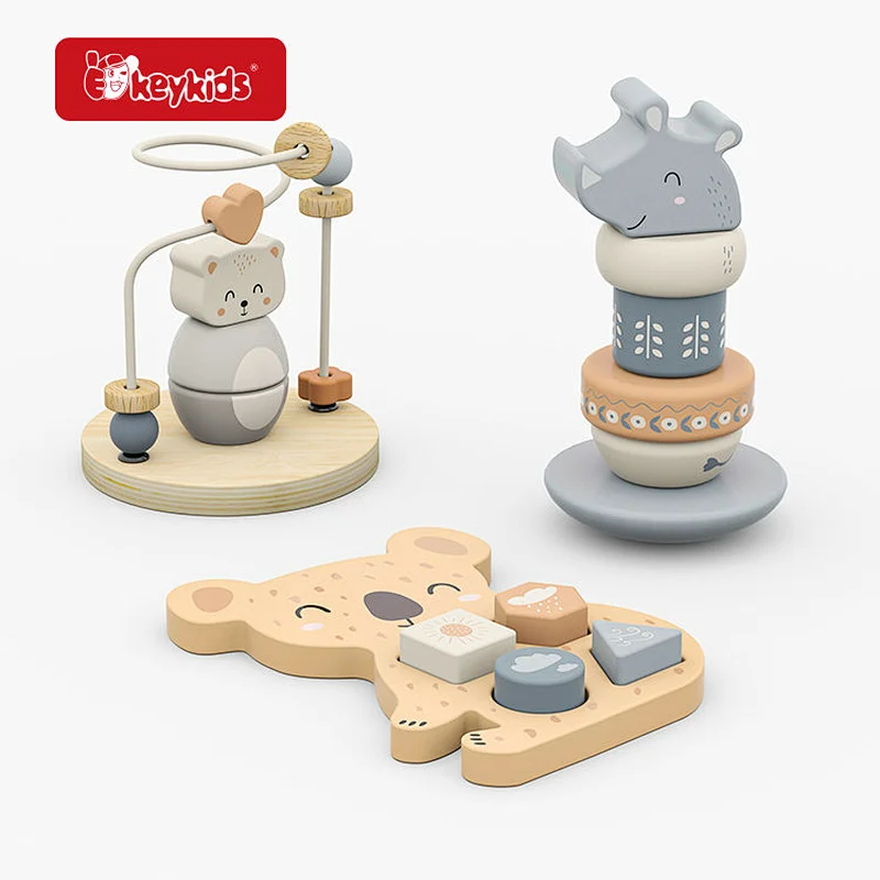 Wooden Baby Activity Toy Set with Bear Bead Maze, Rhino Stacker and Koala Shape Sorter - 3-in-1 Developmental Play Set W12F230
